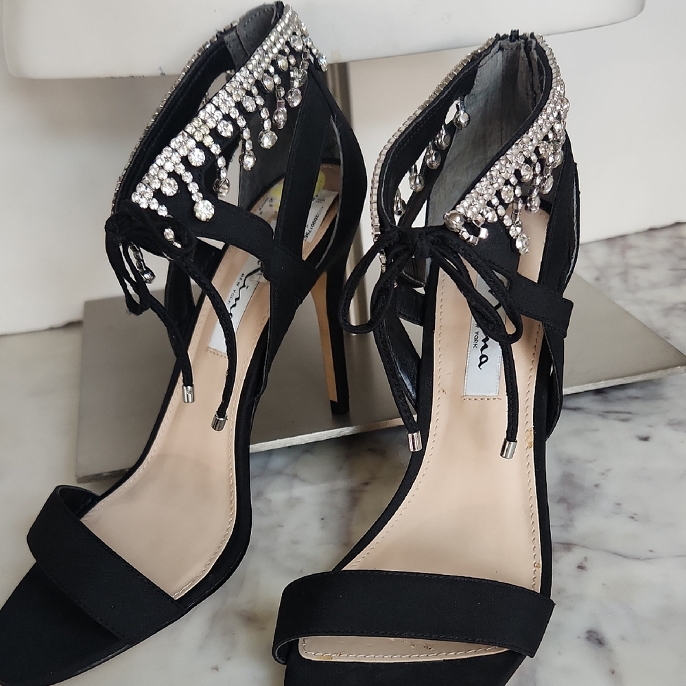 Nina Black Heels with Silver Crystal Embellishments Sz9